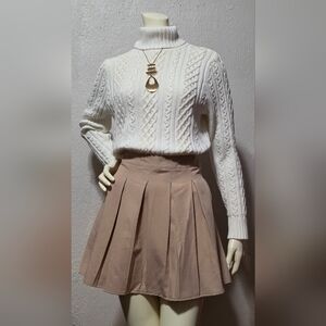 Cream Cable Knit Turtleneck Sweater + Beige Pleated Skirt Set 🤍